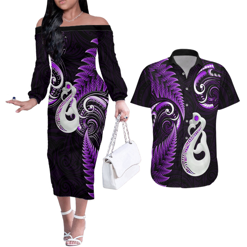 Personalised New Zealand Couples Off The Shoulder Long Sleeve Dress and Hawaiian Shirt Aotearoa Silver Fern With Manaia Maori Unique Purple - Wonder Print Shop