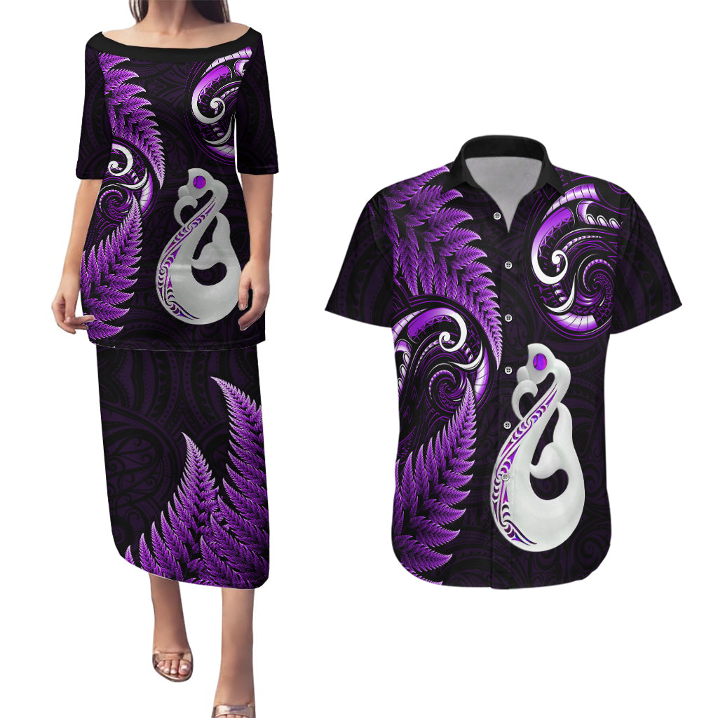 Personalised New Zealand Couples Puletasi Dress and Hawaiian Shirt Aotearoa Silver Fern With Manaia Maori Unique Purple - Wonder Print Shop