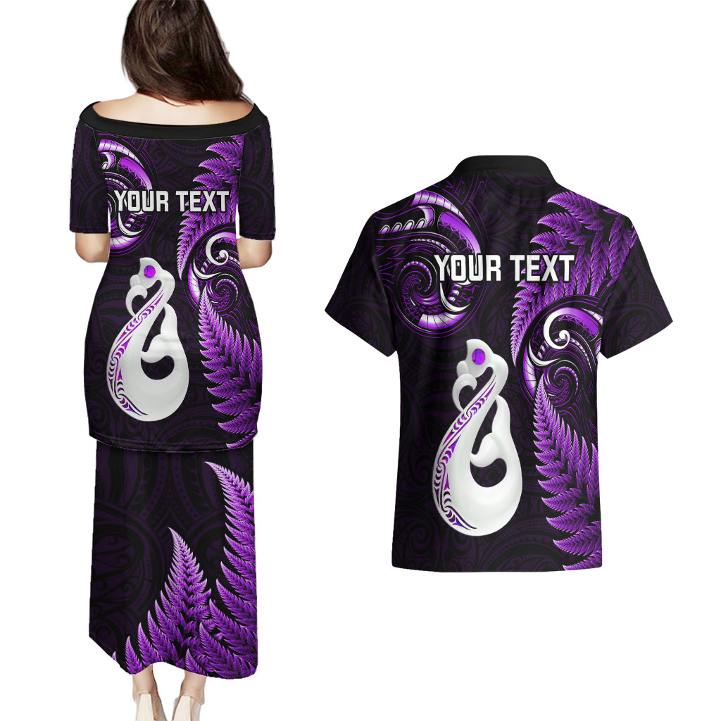Personalised New Zealand Couples Puletasi Dress and Hawaiian Shirt Aotearoa Silver Fern With Manaia Maori Unique Purple - Wonder Print Shop