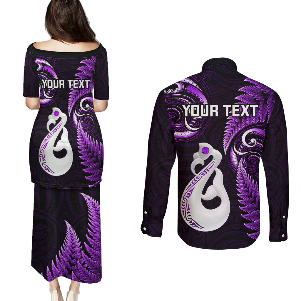 Personalised New Zealand Couples Puletasi Dress and Long Sleeve Button Shirts Aotearoa Silver Fern With Manaia Maori Unique Purple - Wonder Print Shop