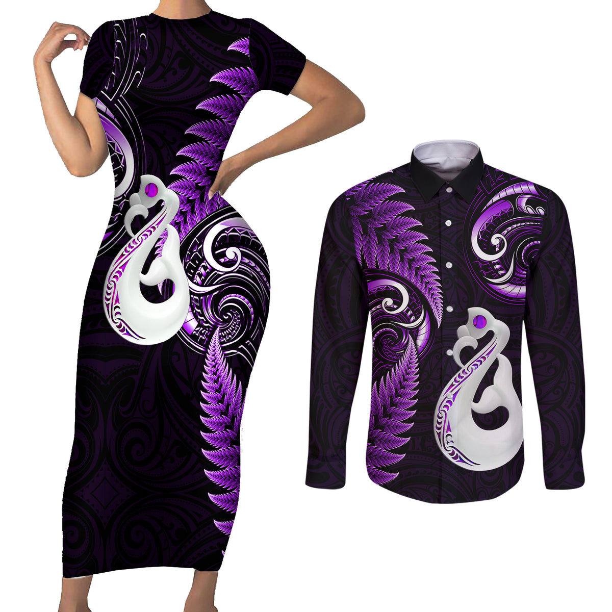 Personalised New Zealand Couples Short Sleeve Bodycon Dress and Long Sleeve Button Shirts Aotearoa Silver Fern With Manaia Maori Unique Purple - Wonder Print Shop