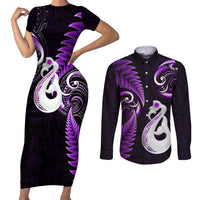 Personalised New Zealand Couples Short Sleeve Bodycon Dress and Long Sleeve Button Shirts Aotearoa Silver Fern With Manaia Maori Unique Purple - Wonder Print Shop