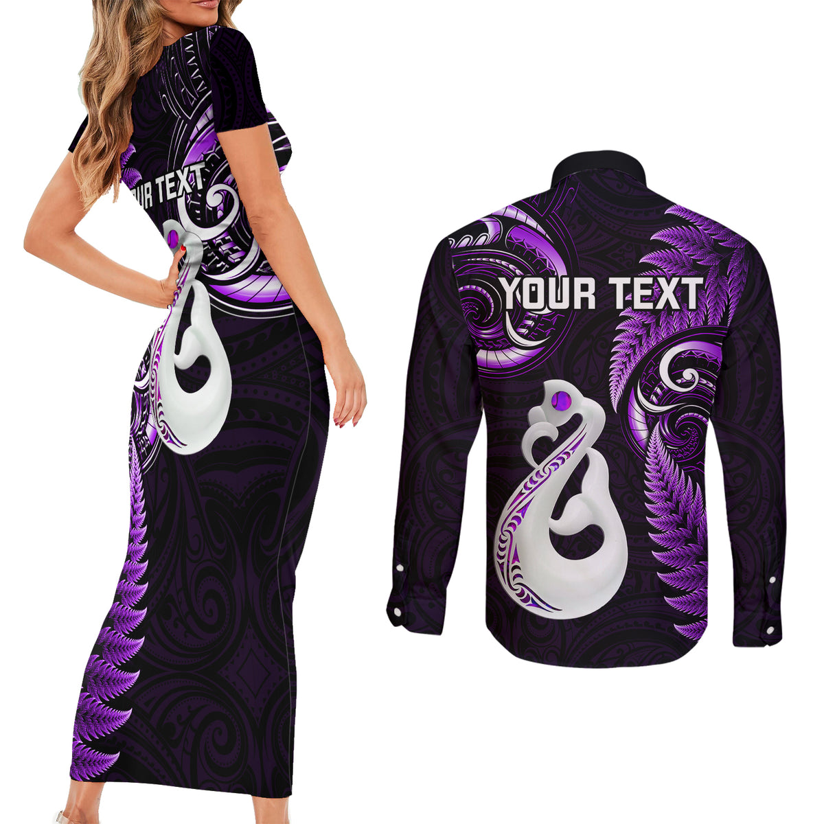 Personalised New Zealand Couples Short Sleeve Bodycon Dress and Long Sleeve Button Shirts Aotearoa Silver Fern With Manaia Maori Unique Purple - Wonder Print Shop