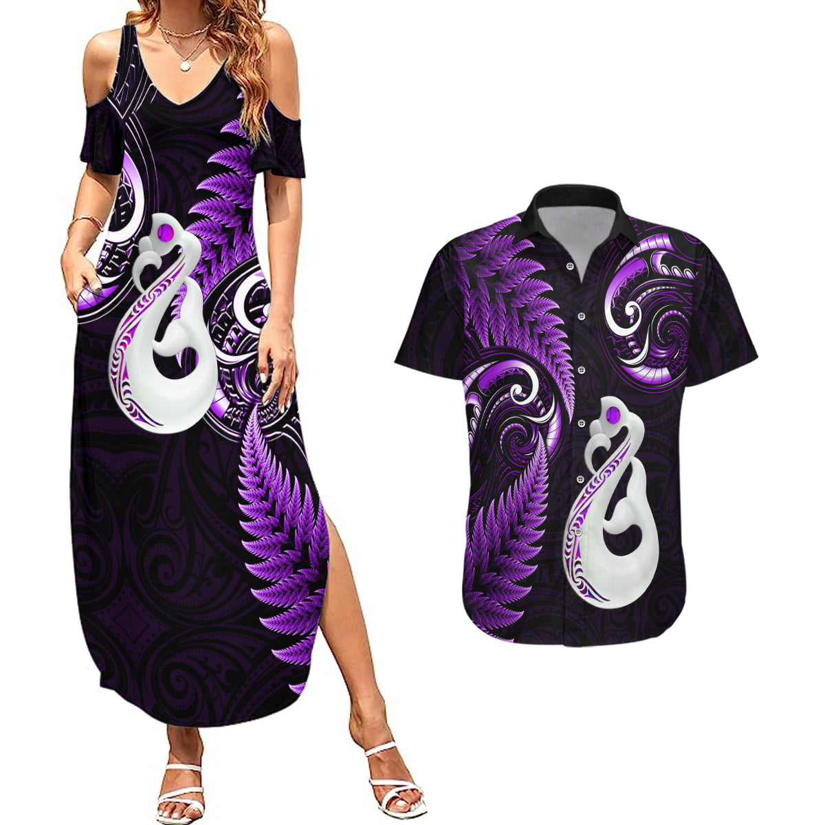Personalised New Zealand Couples Summer Maxi Dress and Hawaiian Shirt Aotearoa Silver Fern With Manaia Maori Unique Purple - Wonder Print Shop