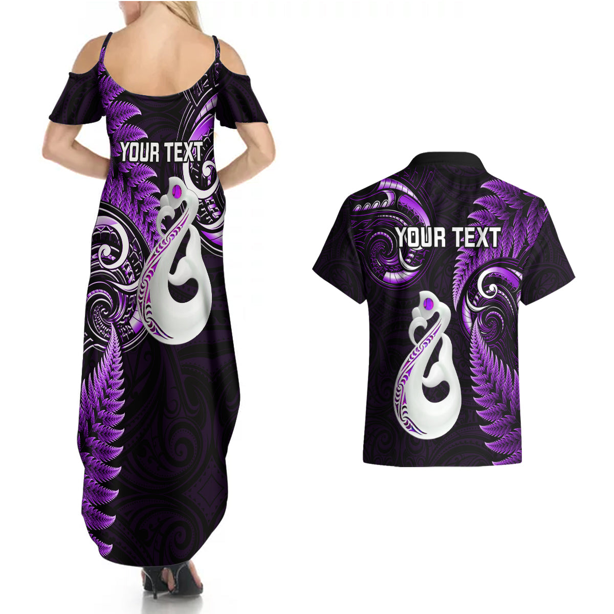 Personalised New Zealand Couples Summer Maxi Dress and Hawaiian Shirt Aotearoa Silver Fern With Manaia Maori Unique Purple - Wonder Print Shop