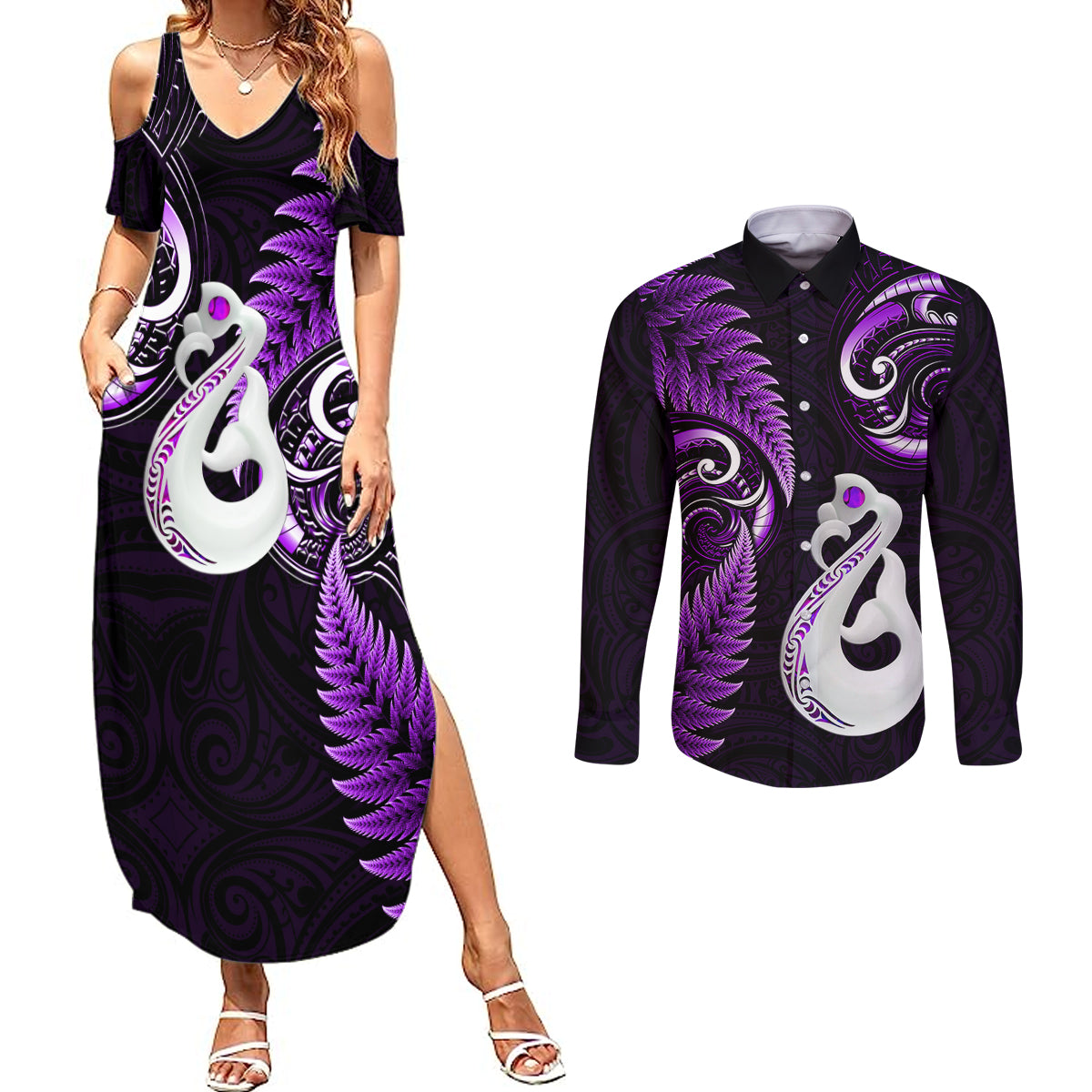 Personalised New Zealand Couples Summer Maxi Dress and Long Sleeve Button Shirts Aotearoa Silver Fern With Manaia Maori Unique Purple - Wonder Print Shop