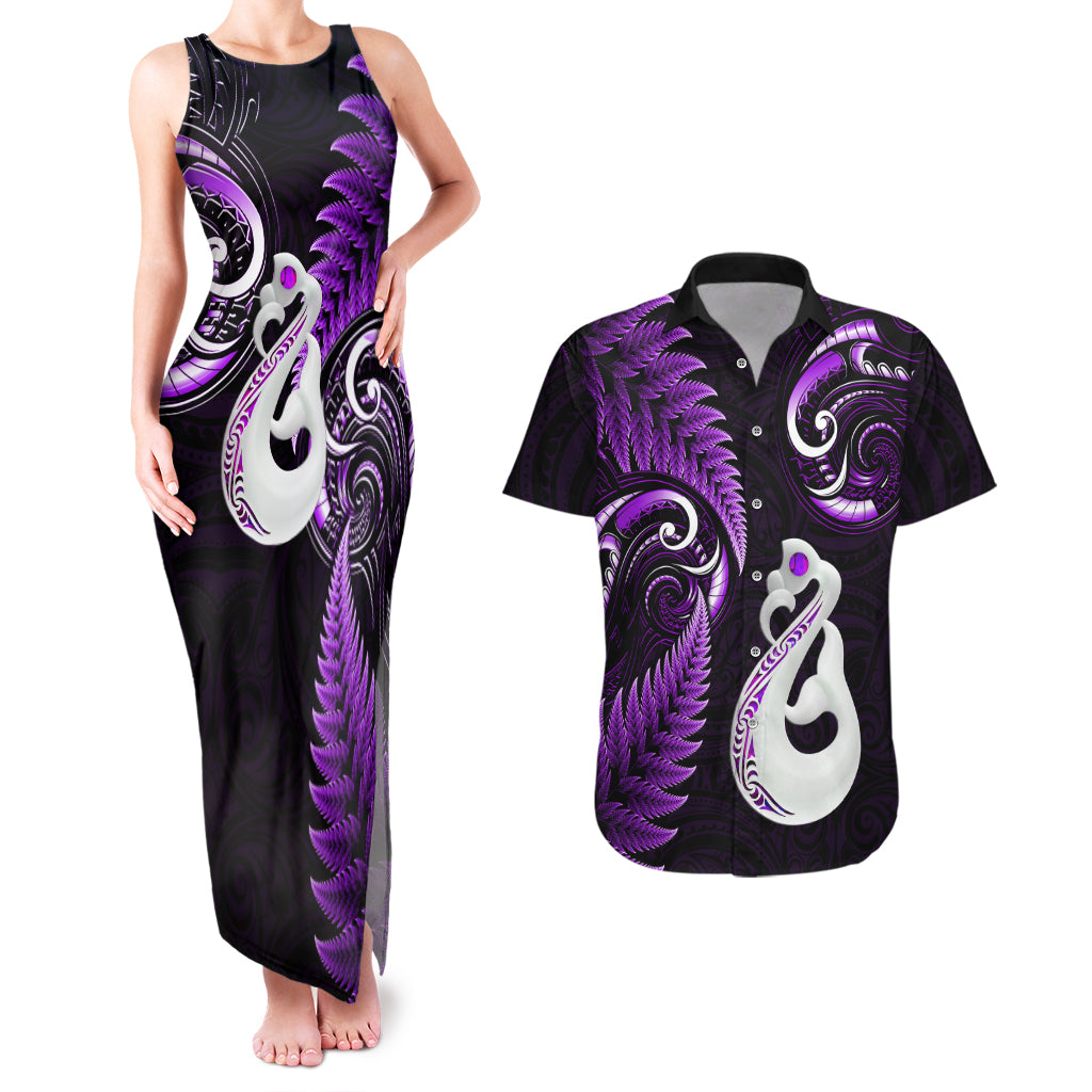 Personalised New Zealand Couples Matching Tank Maxi Dress And Hawaiian Shirt Aotearoa Silver Fern With Manaia Maori Unique Purple - Wonder Print Shop