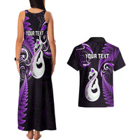 Personalised New Zealand Couples Matching Tank Maxi Dress And Hawaiian Shirt Aotearoa Silver Fern With Manaia Maori Unique Purple - Wonder Print Shop