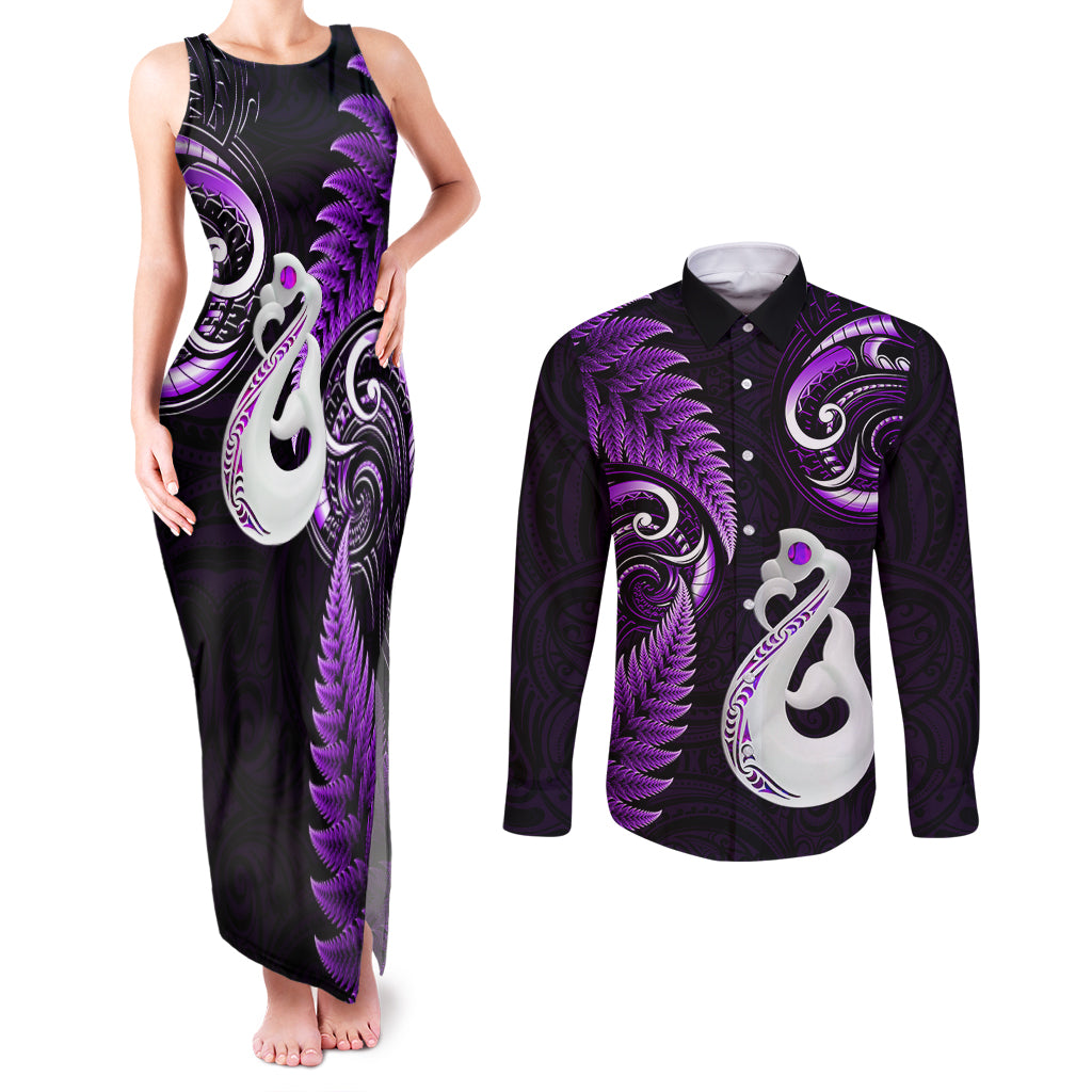 Personalised New Zealand Couples Matching Tank Maxi Dress and Long Sleeve Button Shirts Aotearoa Silver Fern With Manaia Maori Unique Purple - Wonder Print Shop