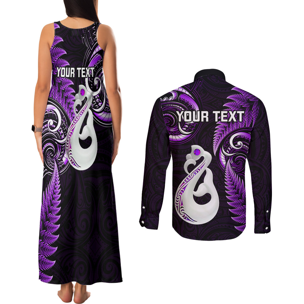 Personalised New Zealand Couples Matching Tank Maxi Dress and Long Sleeve Button Shirts Aotearoa Silver Fern With Manaia Maori Unique Purple - Wonder Print Shop