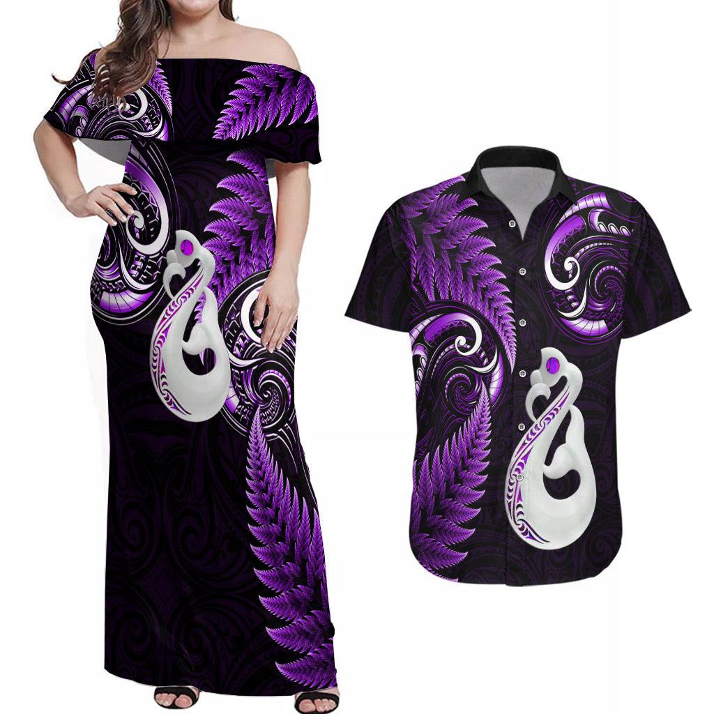Personalised New Zealand Couples Off Shoulder Maxi Dress and Hawaiian Shirt Aotearoa Silver Fern With Manaia Maori Unique Purple - Wonder Print Shop