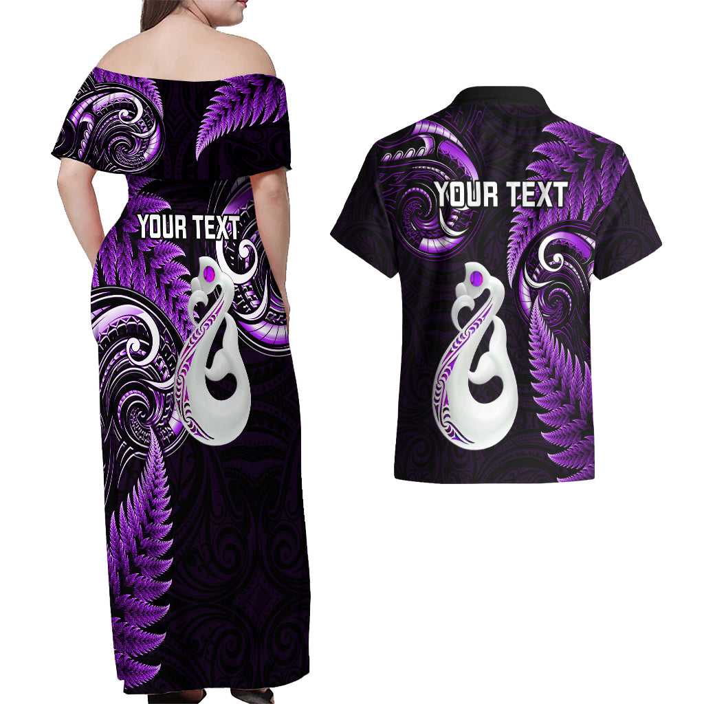 Personalised New Zealand Couples Off Shoulder Maxi Dress and Hawaiian Shirt Aotearoa Silver Fern With Manaia Maori Unique Purple - Wonder Print Shop