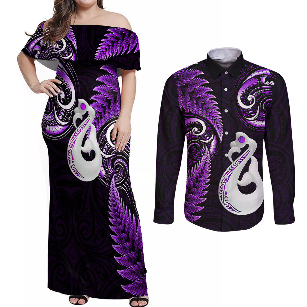 Personalised New Zealand Couples Off Shoulder Maxi Dress and Long Sleeve Button Shirts Aotearoa Silver Fern With Manaia Maori Unique Purple - Wonder Print Shop