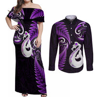 Personalised New Zealand Couples Off Shoulder Maxi Dress and Long Sleeve Button Shirts Aotearoa Silver Fern With Manaia Maori Unique Purple - Wonder Print Shop