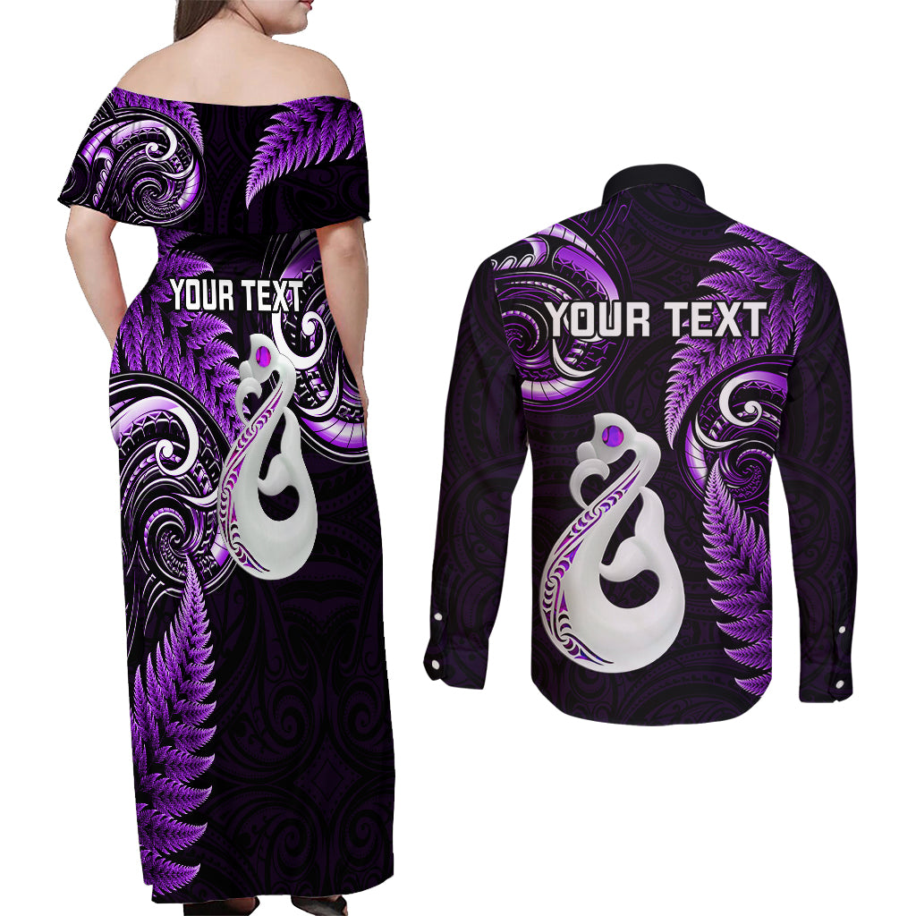Personalised New Zealand Couples Off Shoulder Maxi Dress and Long Sleeve Button Shirts Aotearoa Silver Fern With Manaia Maori Unique Purple - Wonder Print Shop