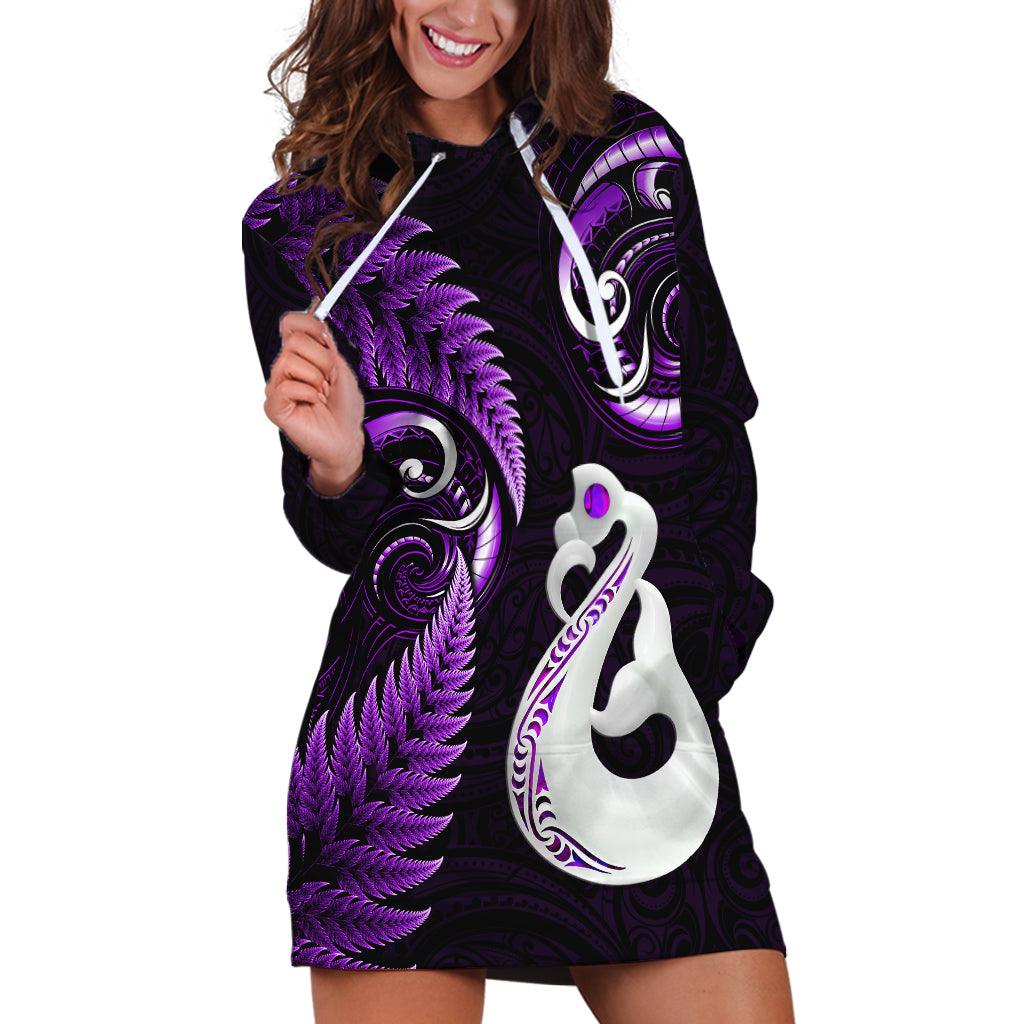 Personalised New Zealand Hoodie Dress Aotearoa Silver Fern With Manaia Maori Unique Purple - Wonder Print Shop