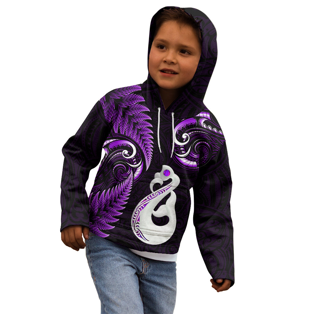 Personalised New Zealand Kid Hoodie Aotearoa Silver Fern With Manaia Maori Unique Purple - Wonder Print Shop