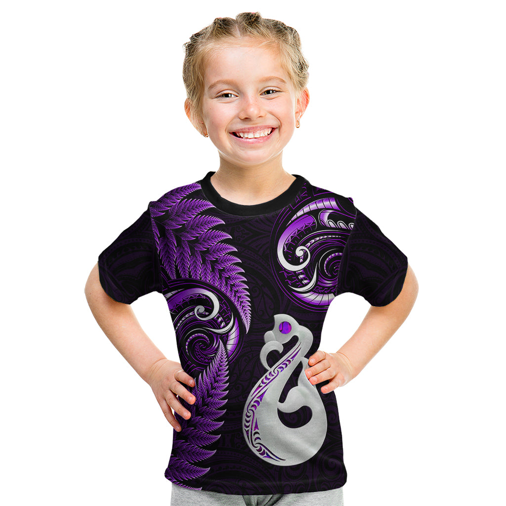 Personalised New Zealand Kid T Shirt Aotearoa Silver Fern With Manaia Maori Unique Purple - Wonder Print Shop