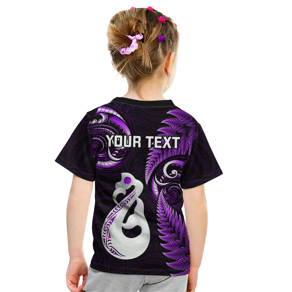 Personalised New Zealand Kid T Shirt Aotearoa Silver Fern With Manaia Maori Unique Purple - Wonder Print Shop