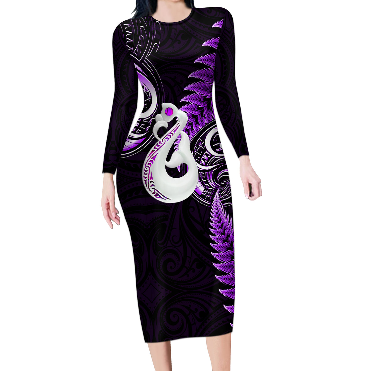Personalised New Zealand Long Sleeve Bodycon Dress Aotearoa Silver Fern With Manaia Maori Unique Purple - Wonder Print Shop