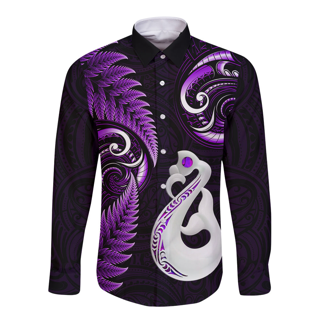 Personalised New Zealand Long Sleeve Button Shirt Aotearoa Silver Fern With Manaia Maori Unique Purple - Wonder Print Shop