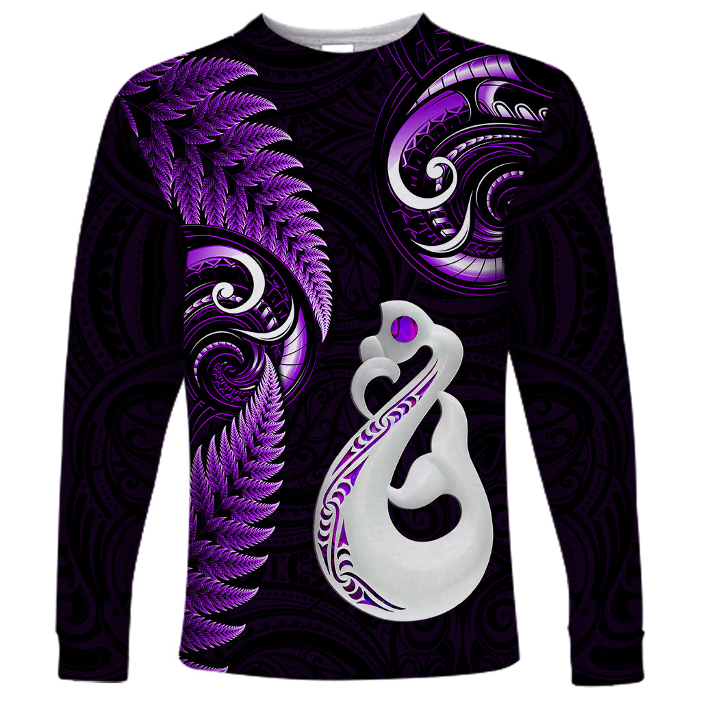 Personalised New Zealand Long Sleeve Shirt Aotearoa Silver Fern With Manaia Maori Unique Purple - Wonder Print Shop