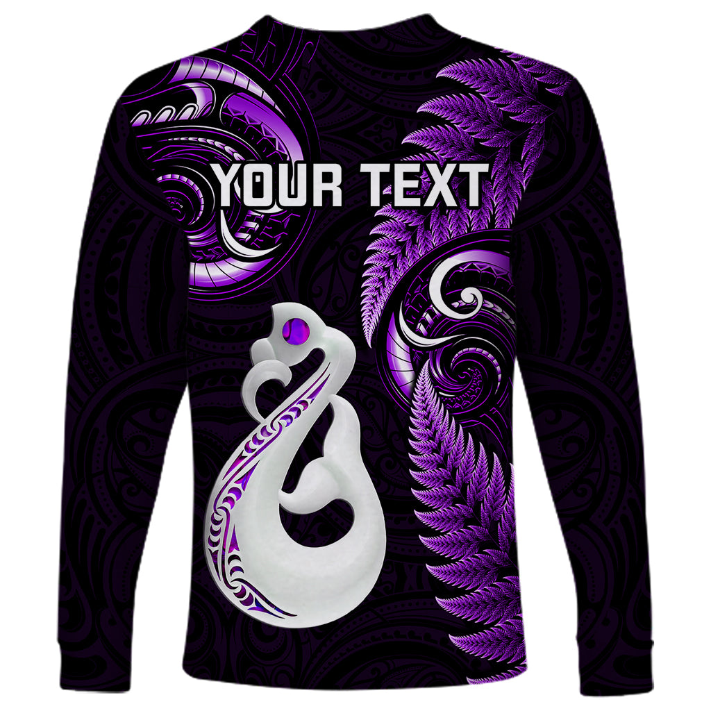 Personalised New Zealand Long Sleeve Shirt Aotearoa Silver Fern With Manaia Maori Unique Purple - Wonder Print Shop