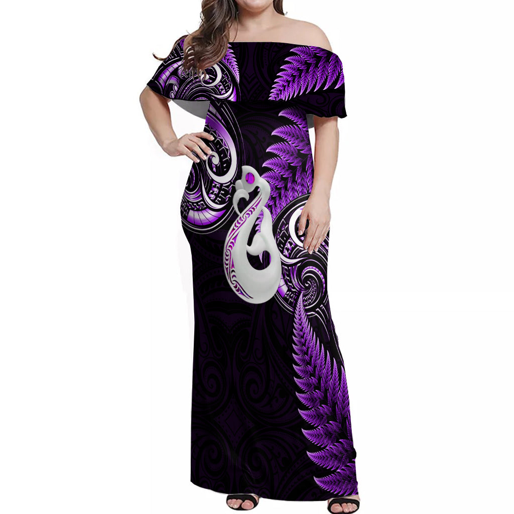 Personalised New Zealand Off Shoulder Maxi Dress Aotearoa Silver Fern With Manaia Maori Unique Purple - Wonder Print Shop