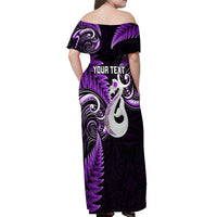 Personalised New Zealand Off Shoulder Maxi Dress Aotearoa Silver Fern With Manaia Maori Unique Purple - Wonder Print Shop