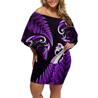 Personalised New Zealand Off Shoulder Short Dress Aotearoa Silver Fern With Manaia Maori Unique Purple - Wonder Print Shop