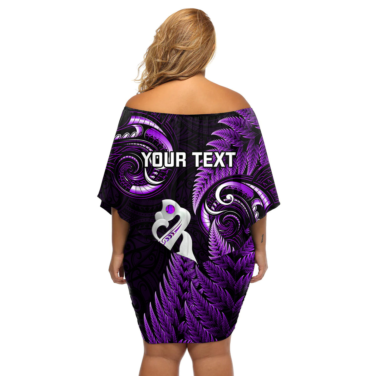Personalised New Zealand Off Shoulder Short Dress Aotearoa Silver Fern With Manaia Maori Unique Purple - Wonder Print Shop