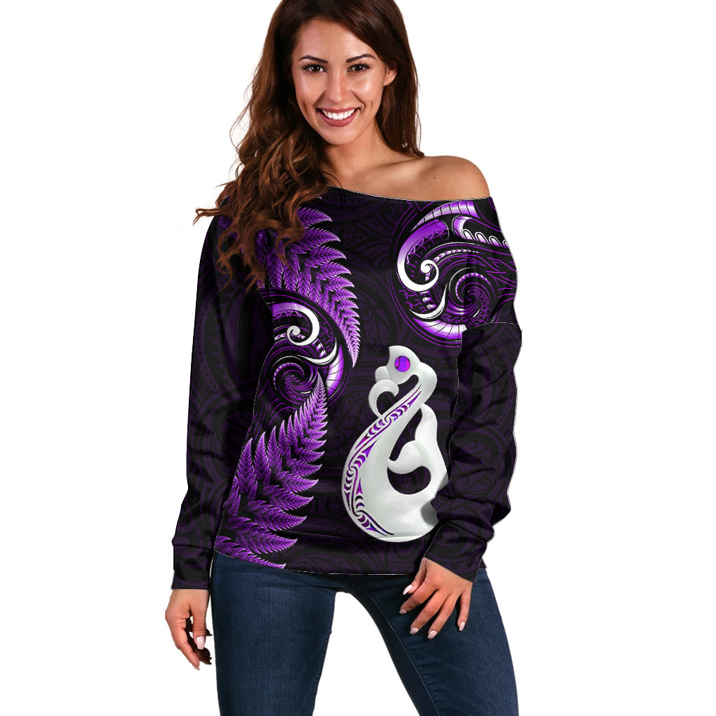 Personalised New Zealand Off Shoulder Sweater Aotearoa Silver Fern With Manaia Maori Unique Purple - Wonder Print Shop