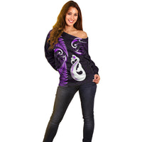 Personalised New Zealand Off Shoulder Sweater Aotearoa Silver Fern With Manaia Maori Unique Purple - Wonder Print Shop