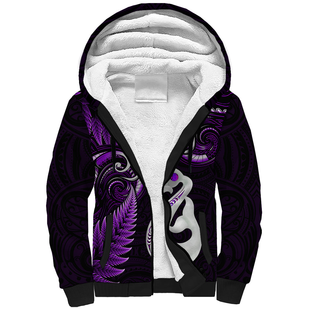 Personalised New Zealand Sherpa Hoodie Aotearoa Silver Fern With Manaia Maori Unique Purple - Wonder Print Shop