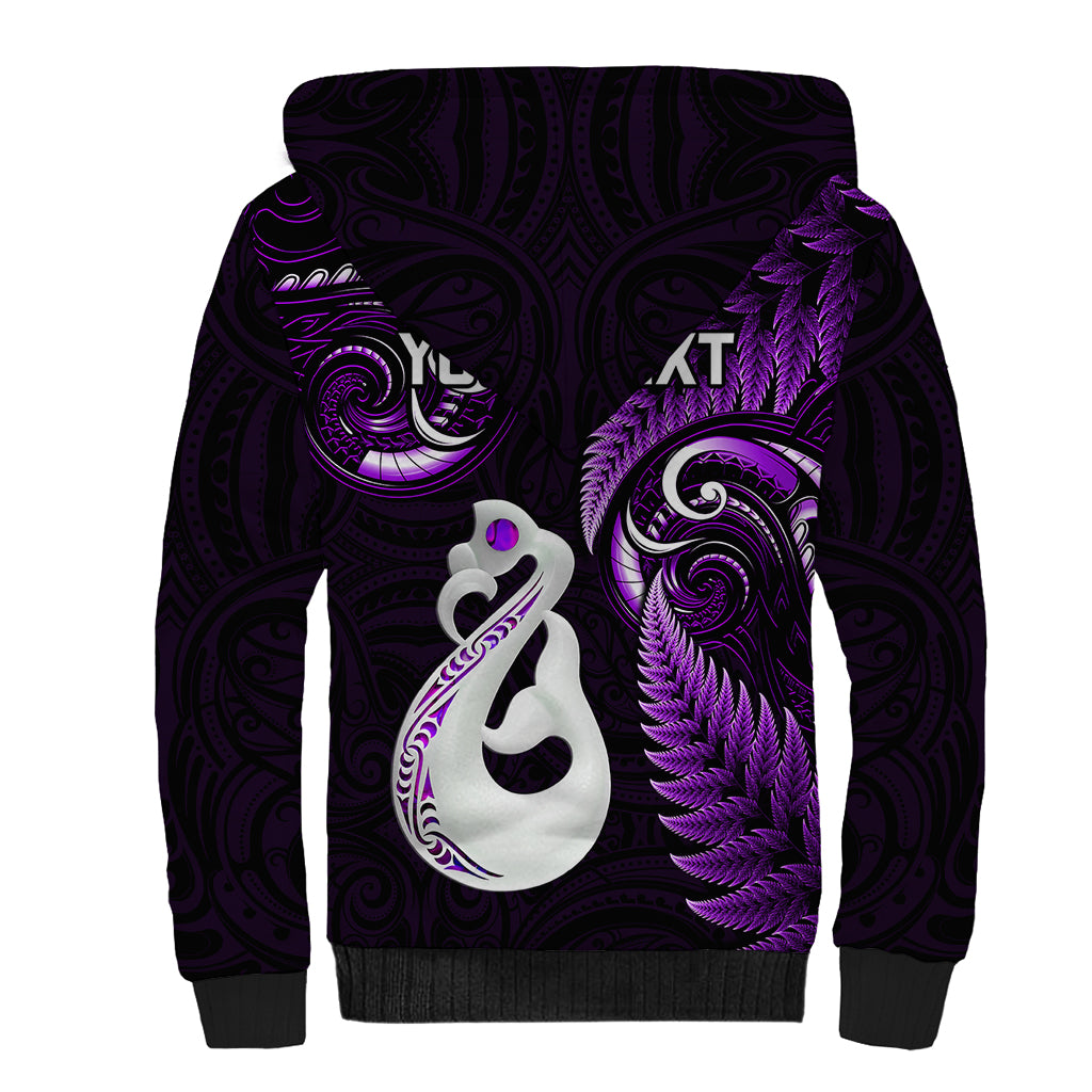 Personalised New Zealand Sherpa Hoodie Aotearoa Silver Fern With Manaia Maori Unique Purple - Wonder Print Shop