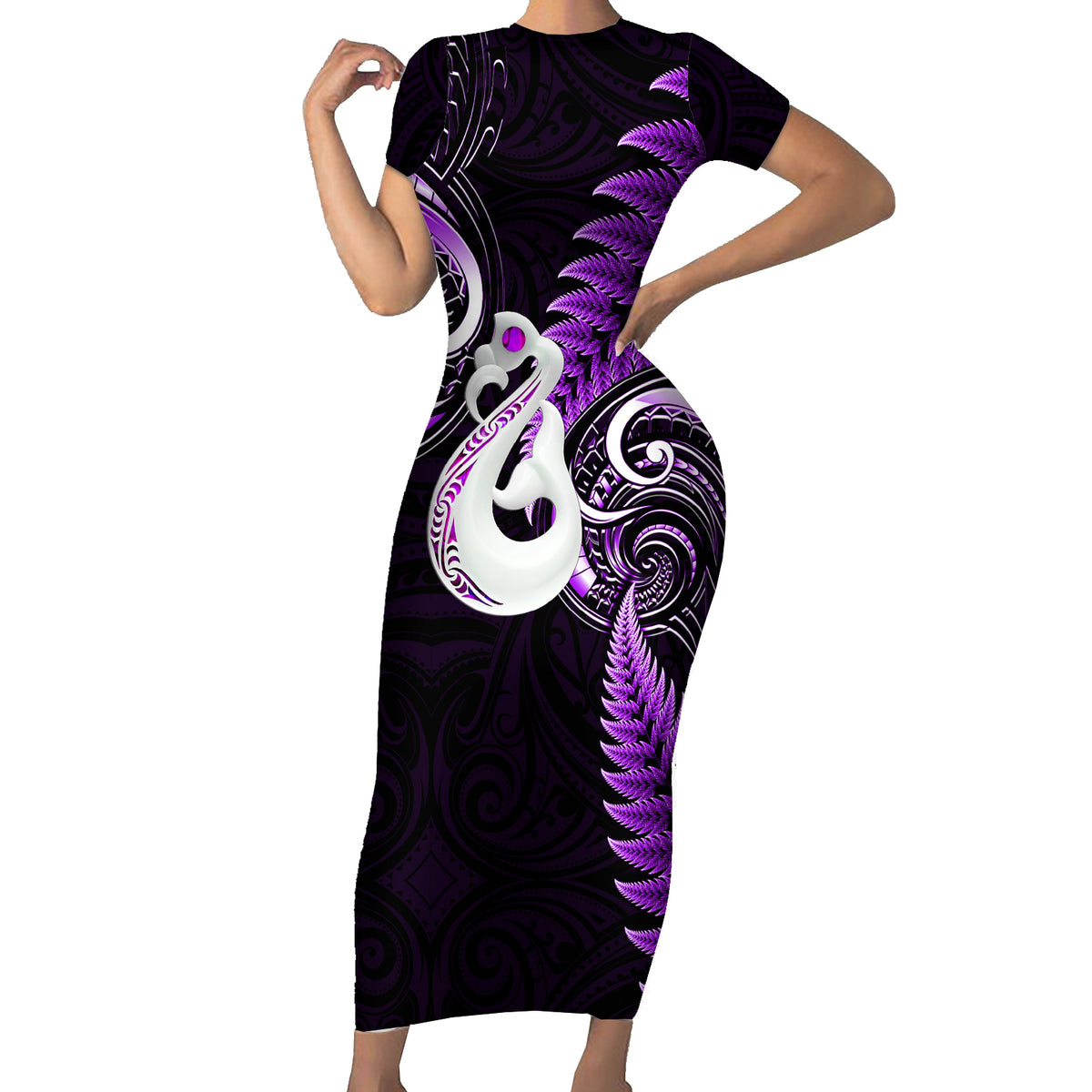 Personalised New Zealand Short Sleeve Bodycon Dress Aotearoa Silver Fern With Manaia Maori Unique Purple - Wonder Print Shop