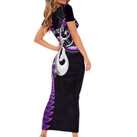 Personalised New Zealand Short Sleeve Bodycon Dress Aotearoa Silver Fern With Manaia Maori Unique Purple - Wonder Print Shop