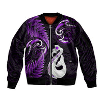 Personalised New Zealand Sleeve Zip Bomber Jacket Aotearoa Silver Fern With Manaia Maori Unique Purple - Wonder Print Shop