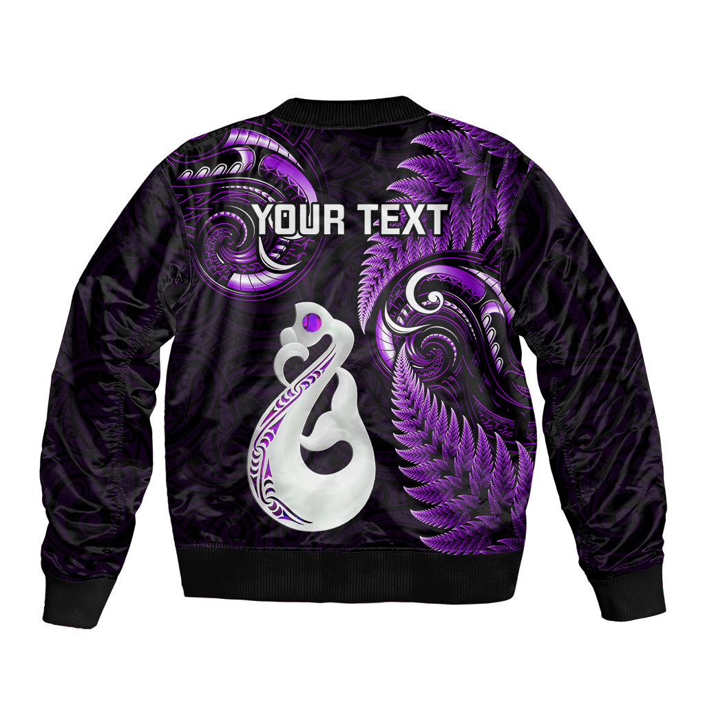 Personalised New Zealand Sleeve Zip Bomber Jacket Aotearoa Silver Fern With Manaia Maori Unique Purple - Wonder Print Shop
