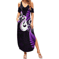 Personalised New Zealand Summer Maxi Dress Aotearoa Silver Fern With Manaia Maori Unique Purple - Wonder Print Shop