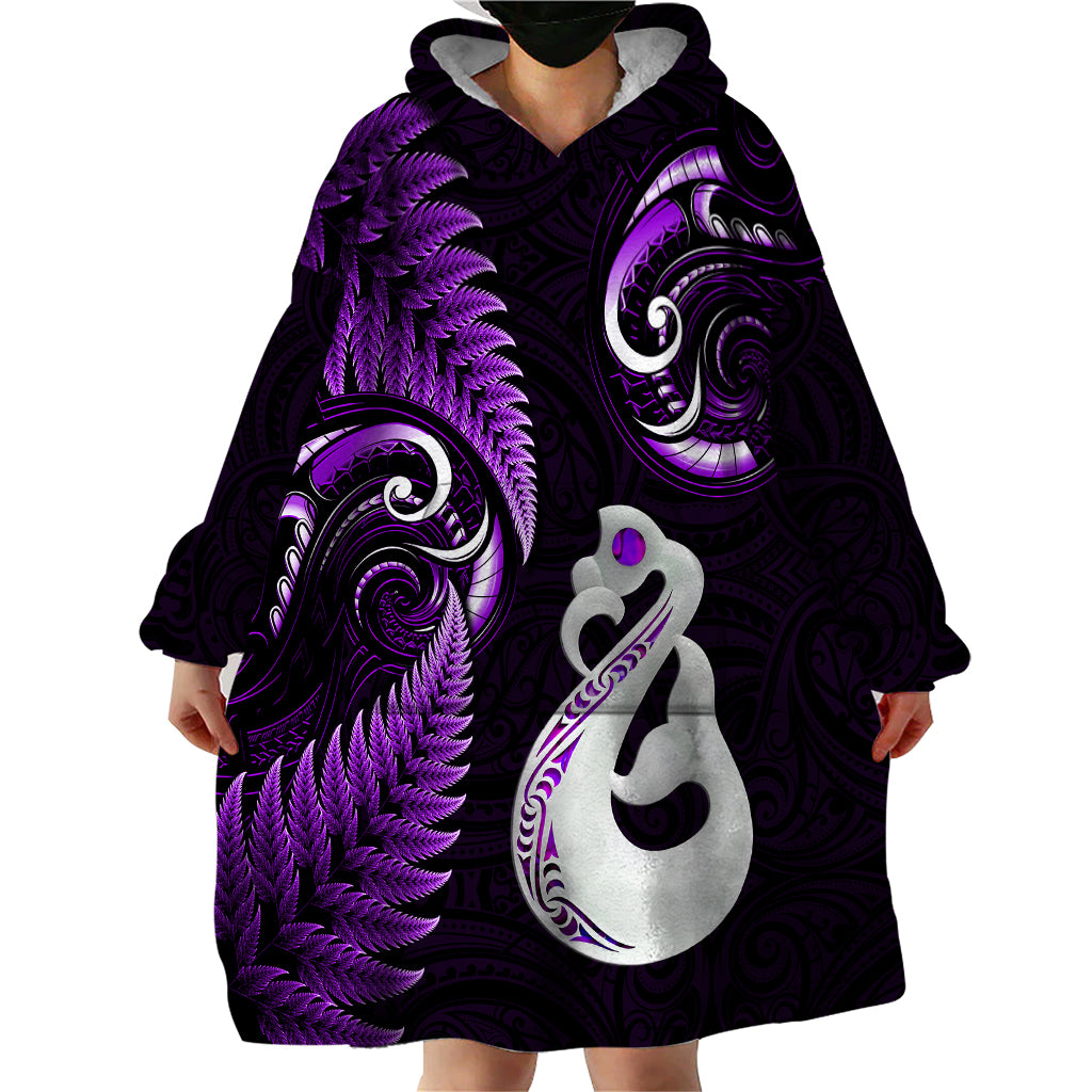 Personalised New Zealand Wearable Blanket Hoodie Aotearoa Silver Fern With Manaia Maori Unique Purple - Wonder Print Shop
