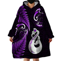 Personalised New Zealand Wearable Blanket Hoodie Aotearoa Silver Fern With Manaia Maori Unique Purple - Wonder Print Shop