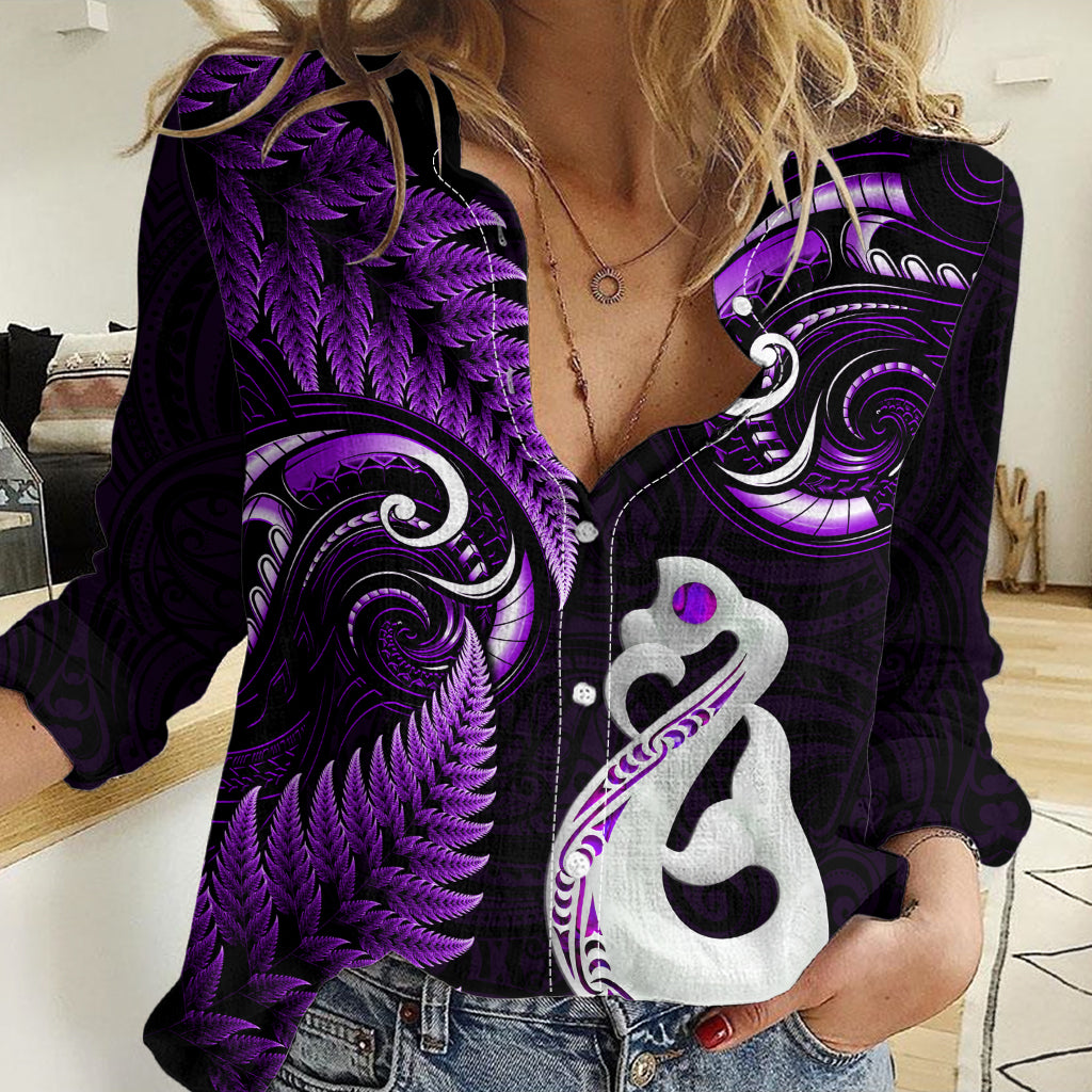 Personalised New Zealand Women Casual Shirt Aotearoa Silver Fern With Manaia Maori Unique Purple - Wonder Print Shop