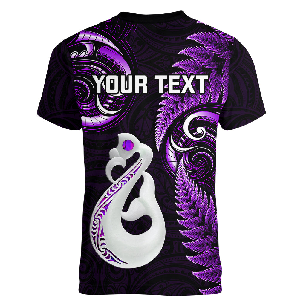Personalised New Zealand Women V Neck T Shirt Aotearoa Silver Fern With Manaia Maori Unique Purple - Wonder Print Shop