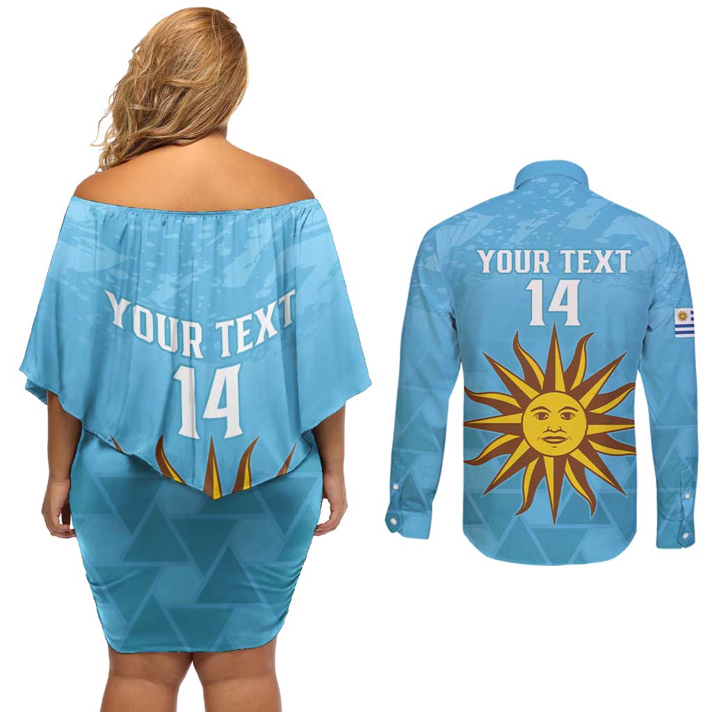 Custom Uruguay Football Couples Matching Off Shoulder Short Dress and Long Sleeve Button Shirt 2024 Vamos La Celeste - Wonder Print Shop