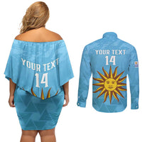 Custom Uruguay Football Couples Matching Off Shoulder Short Dress and Long Sleeve Button Shirt 2024 Vamos La Celeste - Wonder Print Shop