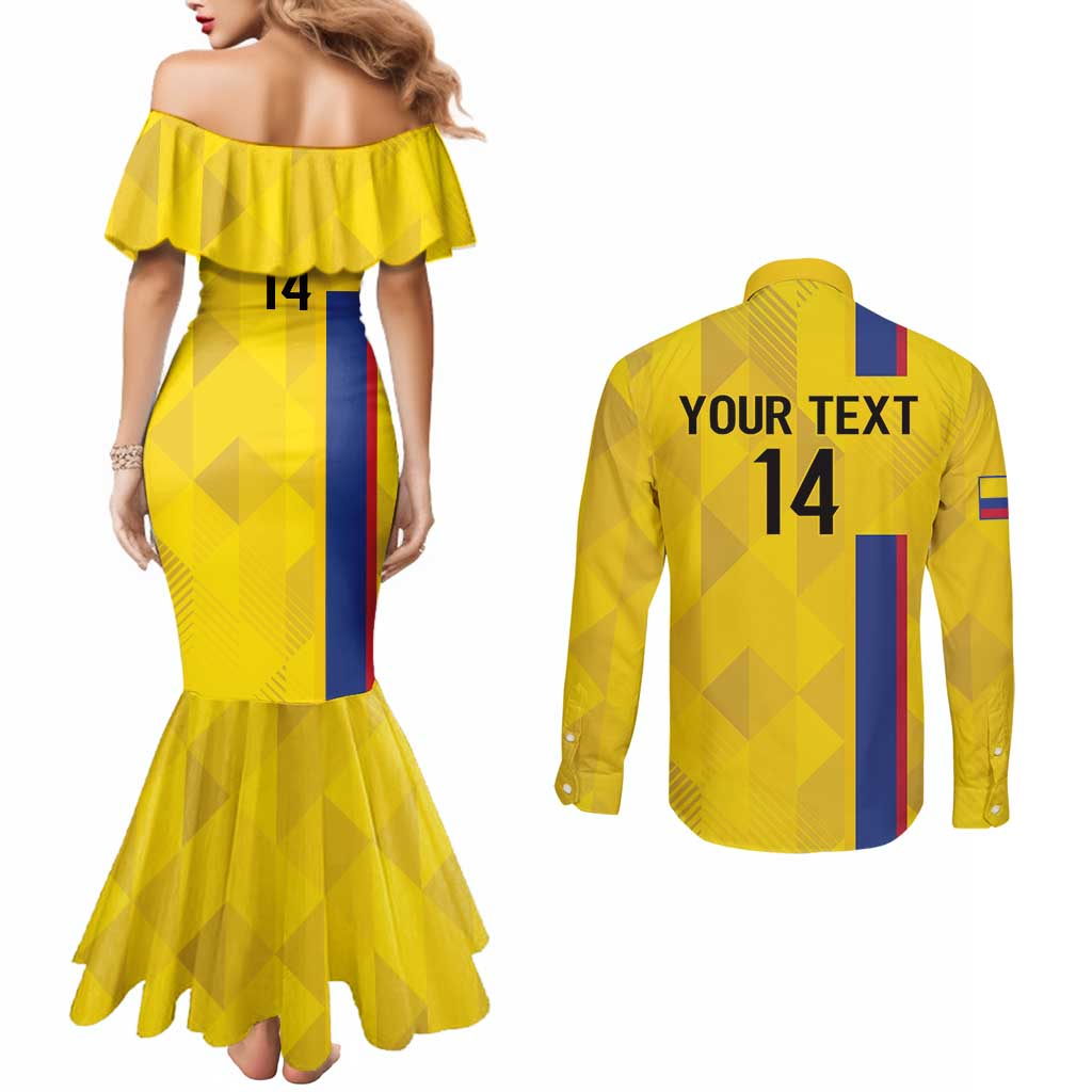 Custom Colombia Football Couples Matching Mermaid Dress and Long Sleeve Button Shirt 2024 Vamos La Tricolor - Yellow