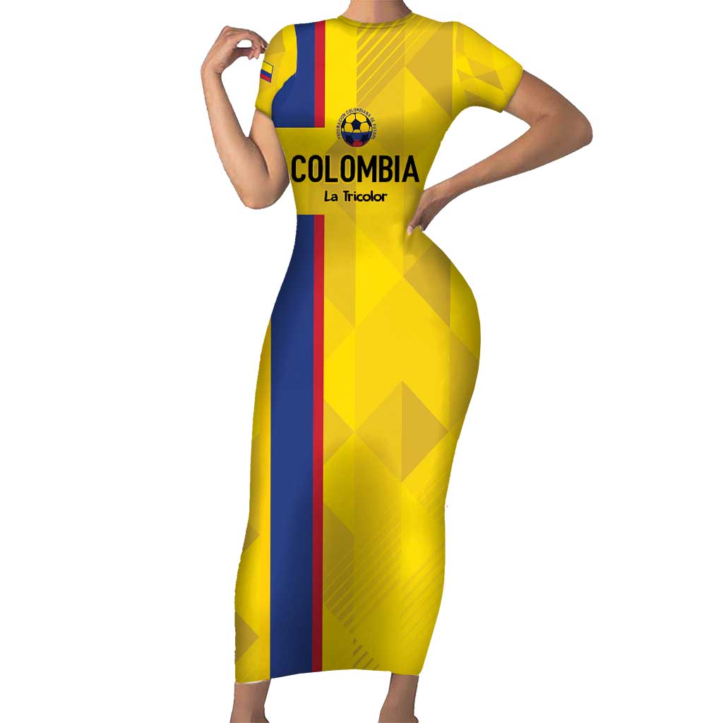 Custom Colombia Football Short Sleeve Bodycon Dress 2024 Vamos La Tricolor - Yellow - Wonder Print Shop