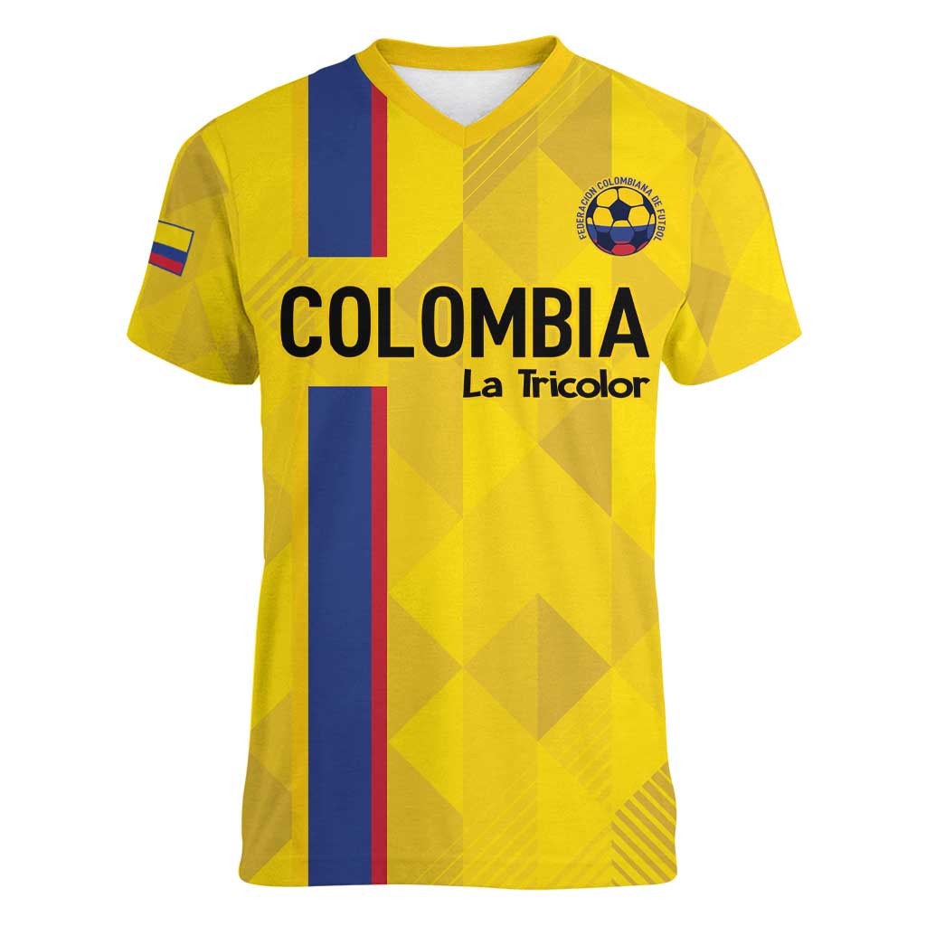 Custom Colombia Football Women V-Neck T-Shirt 2024 Vamos La Tricolor - Yellow - Wonder Print Shop