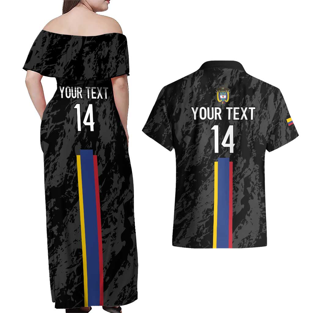 Custom Colombia Football Couples Matching Off Shoulder Maxi Dress and Hawaiian Shirt 2024 Vamos La Tricolor - Black - Wonder Print Shop